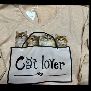 Beige Cat Lover Graphic Long Sleeve Top Large